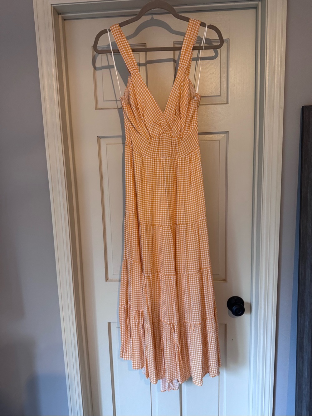 Vici Orange Gingham Tiered Maxi Dress
